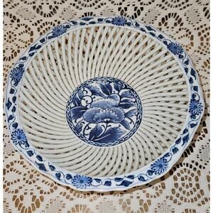 Vintage Japanese Blue & White Reticulated Bowl -  9" Diameter - Hamasi Ware